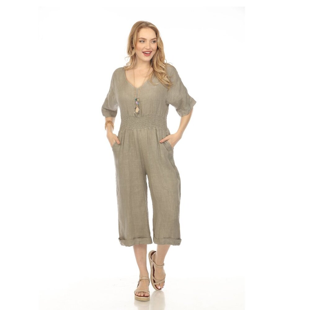 Taupe Half Sleeves Elastic Waist Jumpsuit